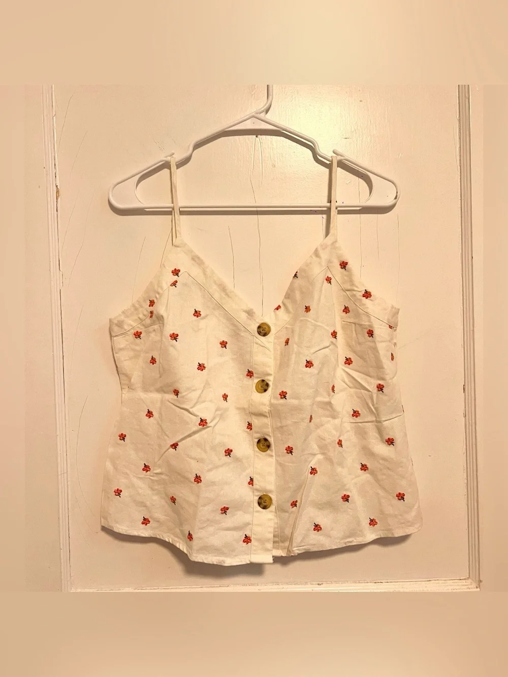 Abercrombie & Fitch Button Down Linen Sleeveless Crop Top Flower Detail Size M
